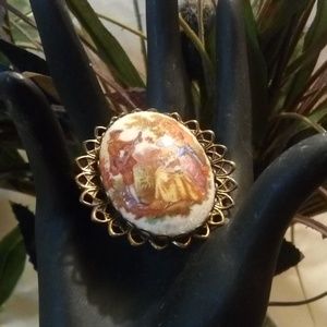 Vintage Fragonard Porcelain Painted Cameo Serenade Brooch 2"